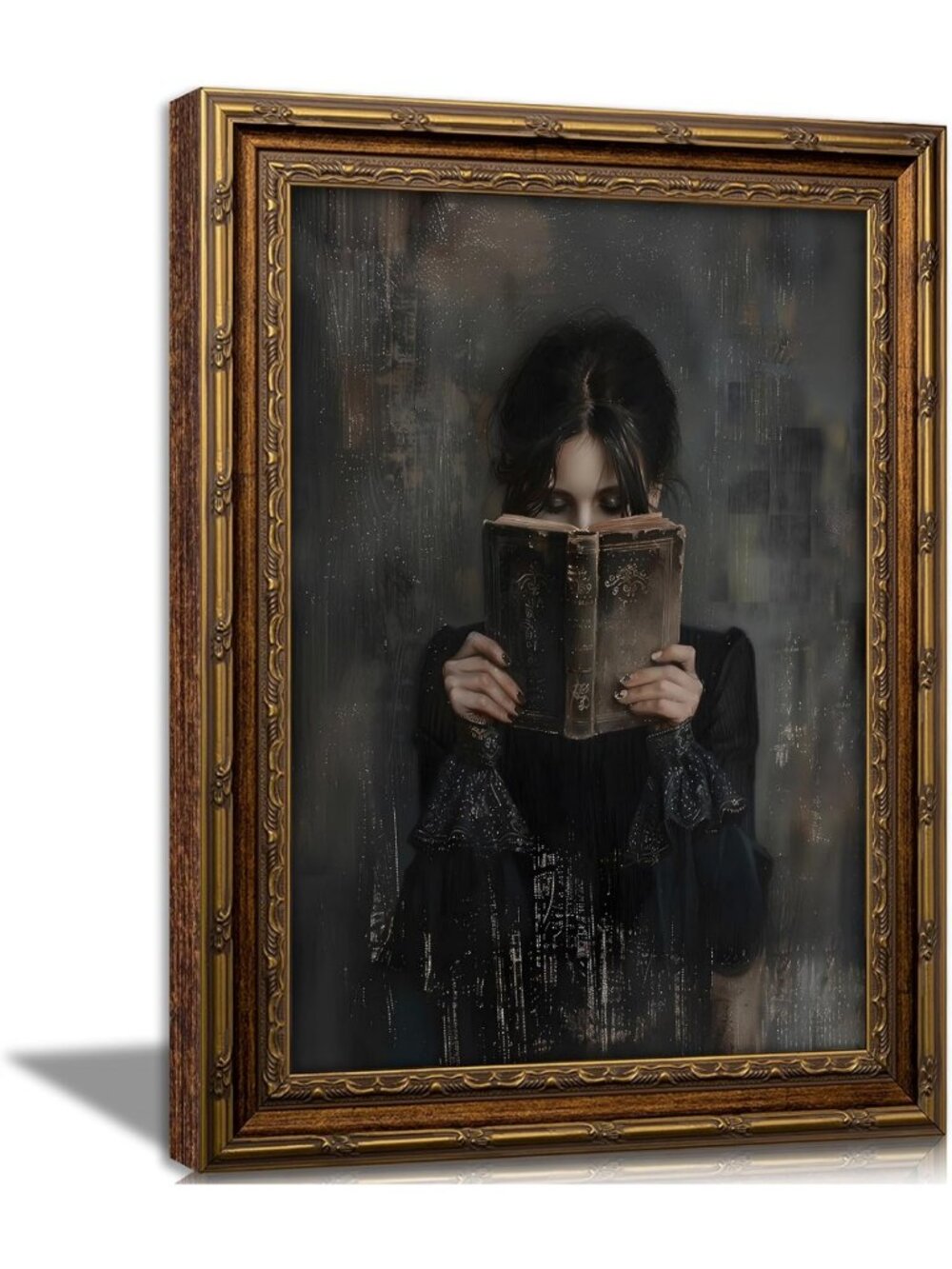 Vintage Gold Framed Woman Reading Wall Art | Dark Academia Canvas Print 12x16in